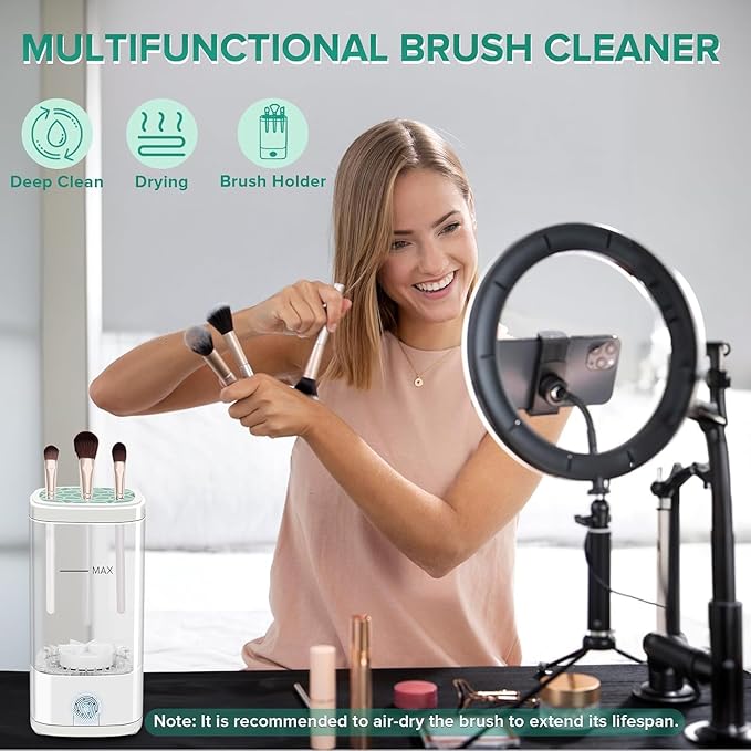 Electric Makeup Brush Cleaner Machine, Multi-Functional Cosmetic Brush Cleaner with Dryer Holder, Portable Automatic Makeup Brush Cleaning Tool USD Charging