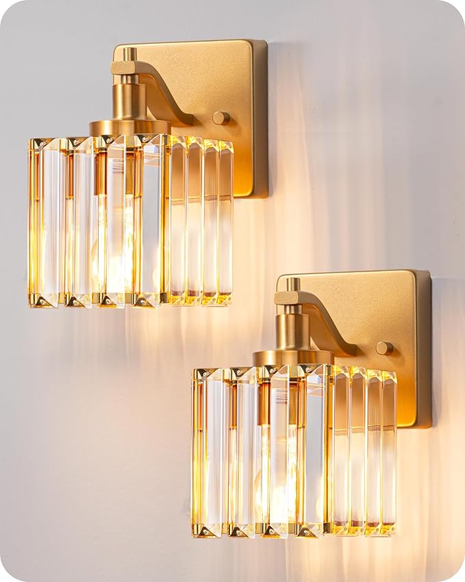 EDISHINE Modern Gold Crystal Wall Sconces Set of 2, Bathroom Vanity Lights
