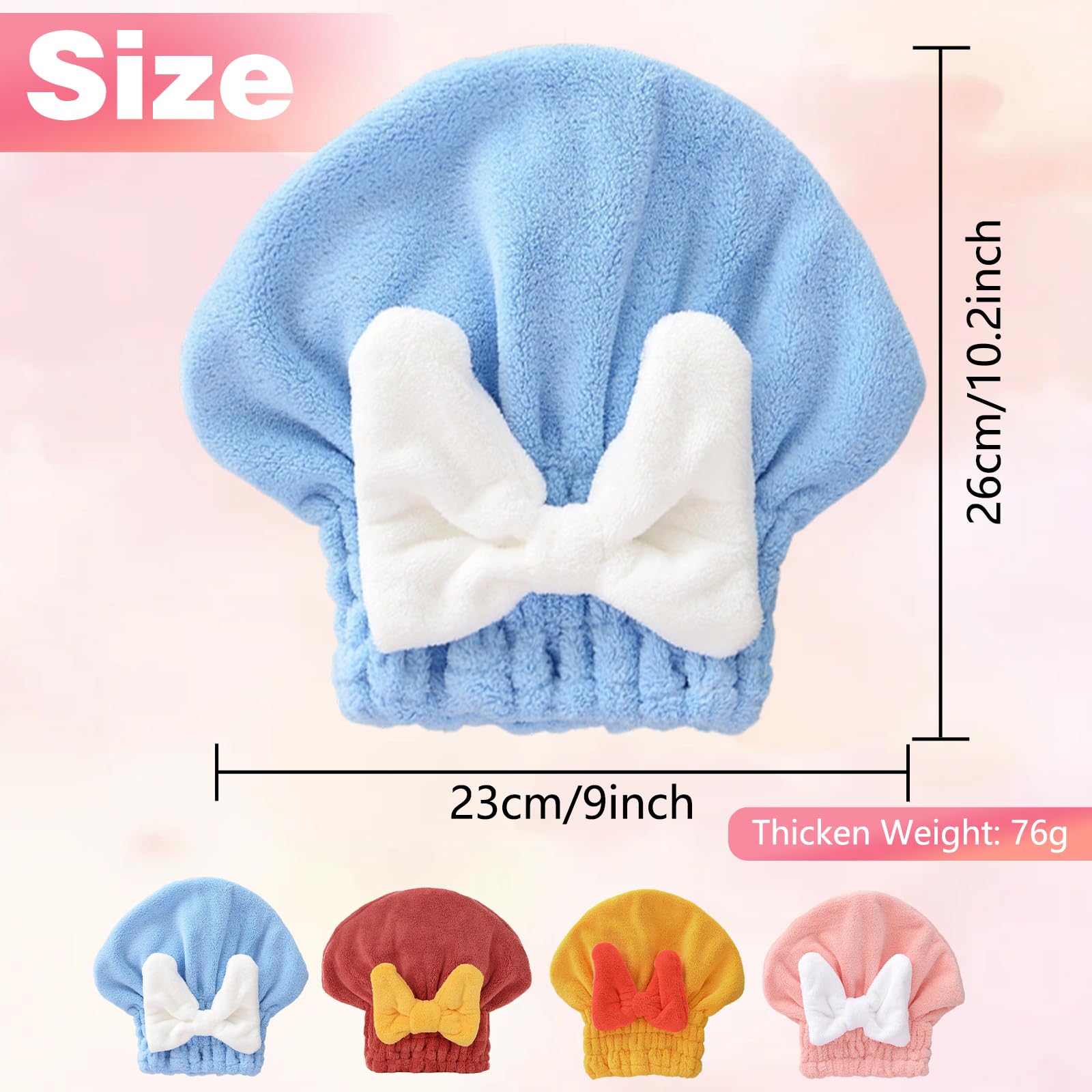 4Pcs Super Absorbent Hair Towel Wrap for Wet Hair, Microfiber Hair Towel Wrap Quick-Drying Thickened Hair Towels, Soft Bow Tie Wet Hair Towels Wrap for Women Girls (Pink+Blue+Yellow+Red)