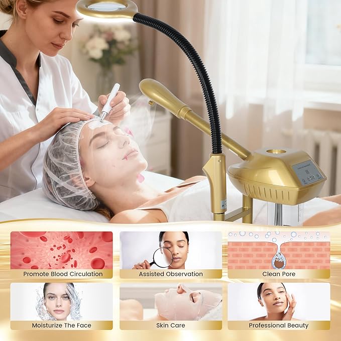 Professional Facial Steamer Adjustable Height and Angle, Face Steamer Clean Skin Firming Pores and Moisturizing Suitable for a Beauty, Spa, at Home（Gold）