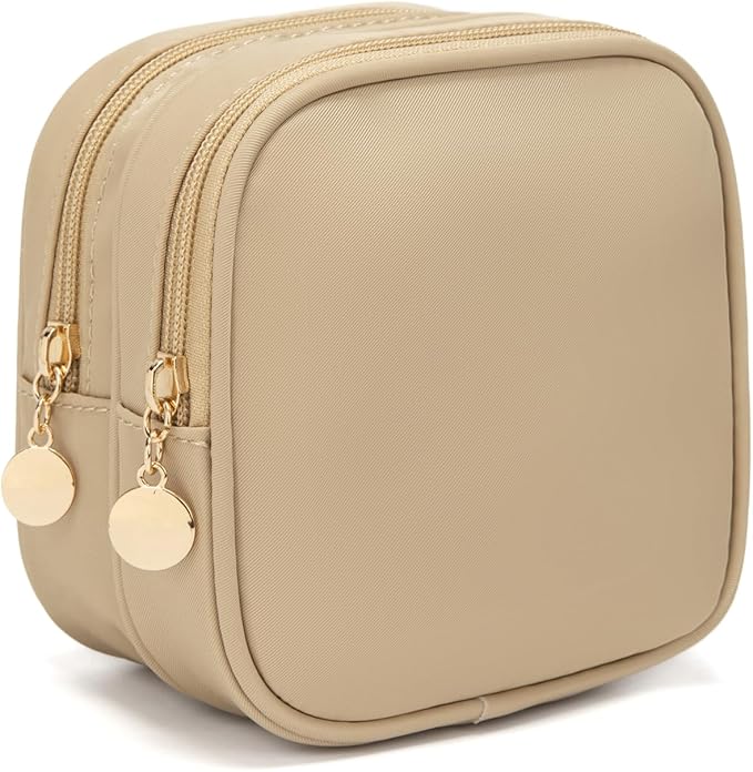 XIAOLER Small Makeup Pouch, Double Zipper Cosmetic Bag, Travel Makeup Bag, Cute Makeup Bag for Purse, Mini Toiletry Bag (Beige)