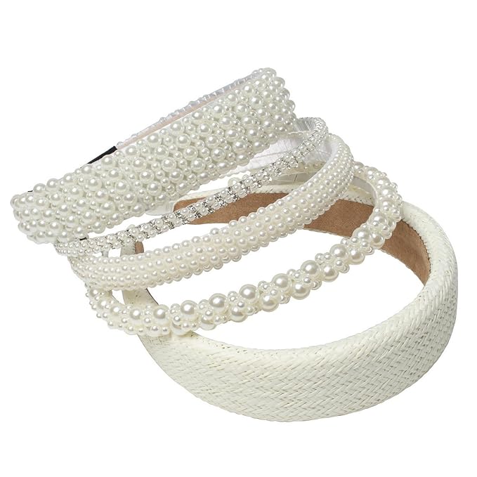 Cuizhiyu Pearl Headbands for Women Girls Wide Padded Straw Headband Cute White Pearl Dainty Headbands Bling Wedding Hairbands Hair Accessories Pack of 5 (Color B)