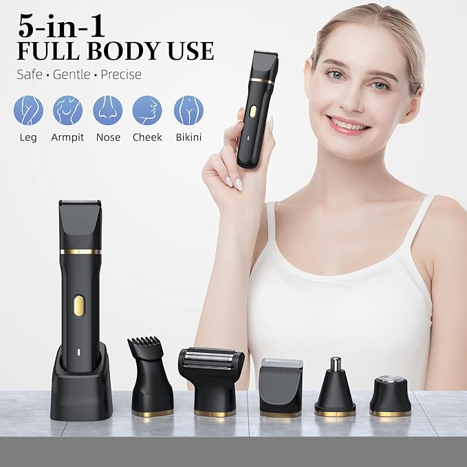 HOHOLE 5-in-1 Bikini Trimmer for Women, IPX7 Waterproof Electric Razors Shaver, Cordless Body Hair Trimmer, Facial & Pubic Hair Removal, Ceramic Blade (Black)