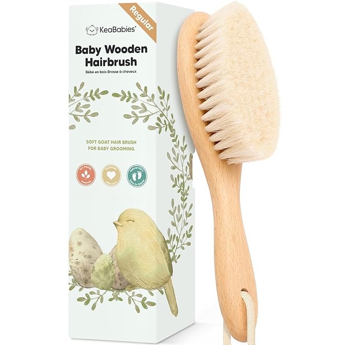 Wooden Baby Hair Brush - Cradle Cap Baby Brush with Soft Goat Bristles, Perfect Gentle Scalp Newborn Comb for Infant, Girls, Boys, Bath Essentials (Walnut, Regular)