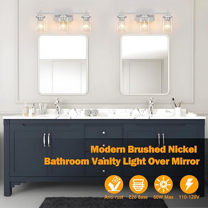 Brushed Nickel Bathroom Light Fixtures, 3-Lights Bathroom Vanity Light with Glass Shades, Modern Vanity Lights for Mirror, Wall Lights for Living Room, Hallway, Cabinet, E26 Base