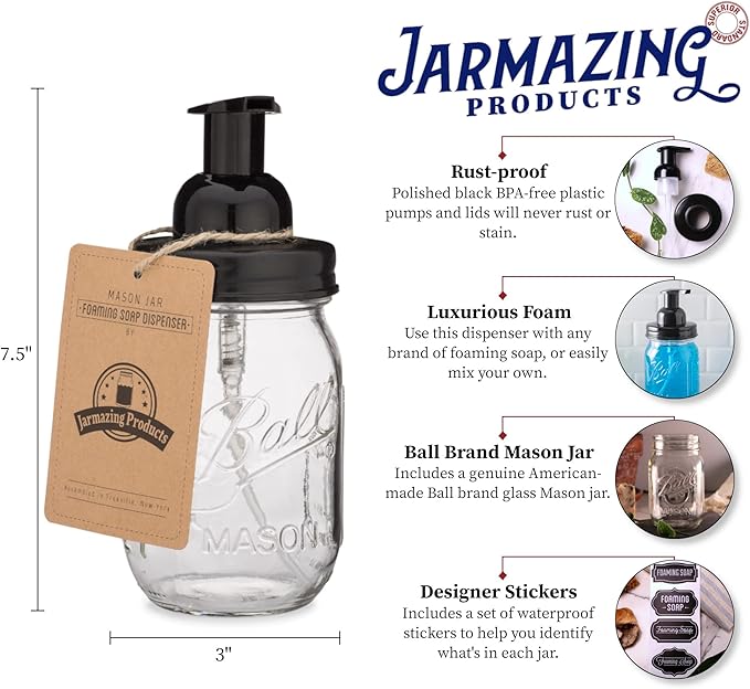 Jarmazing Products Mason Jar Foaming Soap Dispenser - Black - with 16 Ounce Ball Mason Jar - Two Pack!