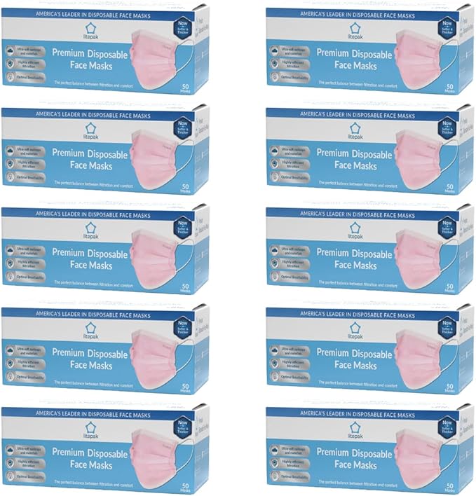 Litepak 500pcs Premium Disposable Face Mask SOFT 3ply Nose Wire - Pink
