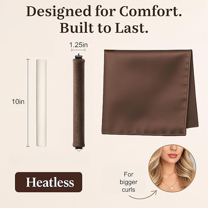 VISOFO Heatless Curls Overnight | Rods for Blowout Look, Long Hair Rollers Blow Out Curling Rod No Heat Flexi Foam Tubes Silk Satin Velvet Soft Curlers to Sleep In Tools Set (Brown, 3 Set)