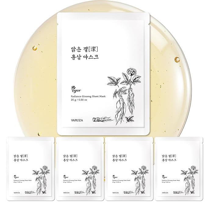 varuza Radiance Ginseng Sheet Masks - Hydrating Face Masks for Healthy and Strengthening Skin Barrier - Vegan, Cruelty Free Korean Face Mask