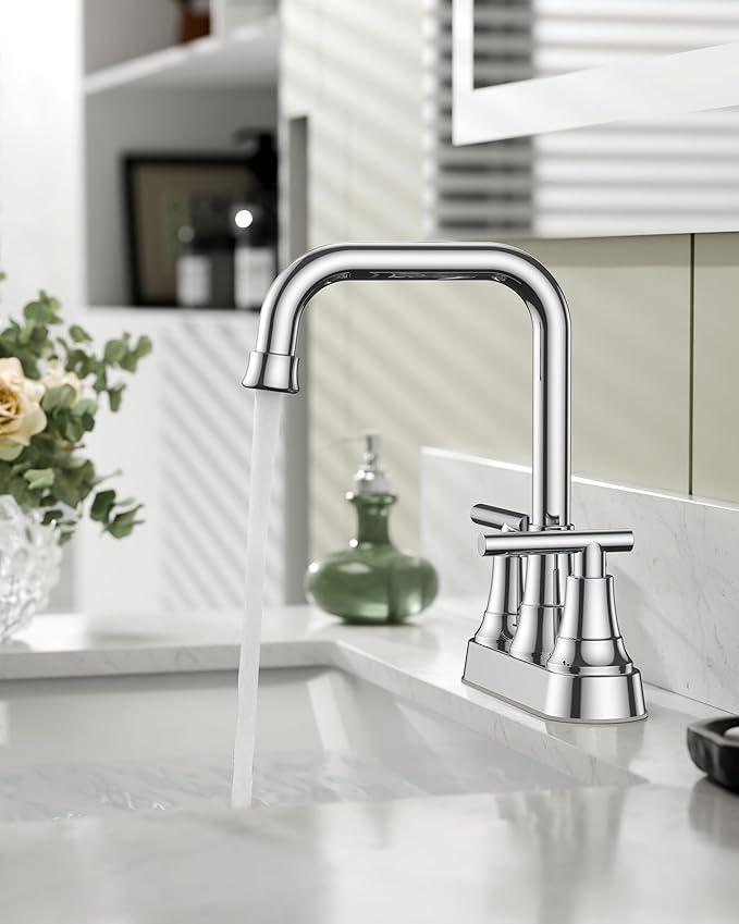 FORIOUS Bathroom Faucets for Sink 3 Hole Chrome, 4 Inch Centerset Bathroom Sink Faucet 2 Handle with Pop-up Drain and Supply Hoses for Vanity RV Laundry Farmhouse