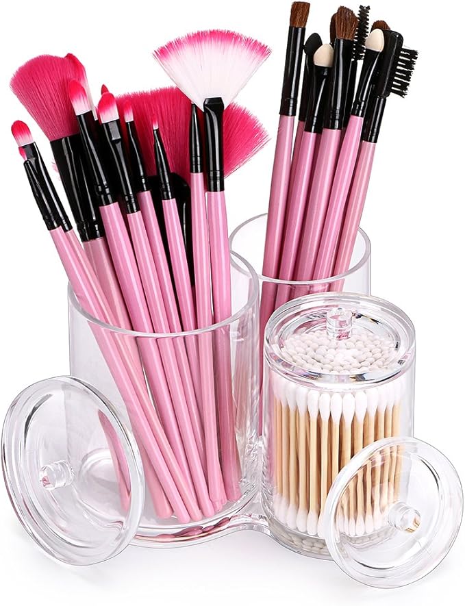 Hipiwe Clear Acrylic Cotton Swab Holder Preminm Quality Round Container Cotton Pad Q-tip Organize Case for Make Up Brush Clear Apothecary Jar