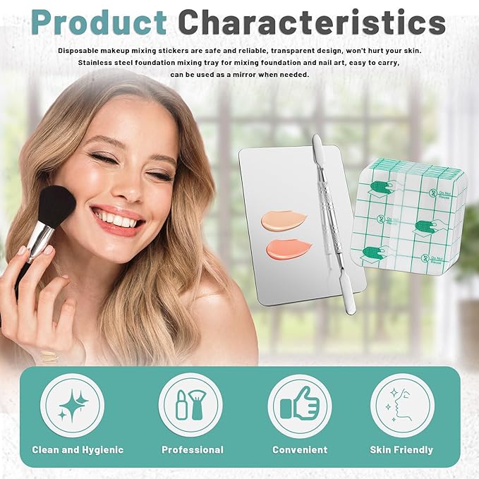 Makeup Mixing Palette Set Includes Make Up Spatula, 100 Pieces of Makeup Hand Palette Single Use Cosmetic Tape, Foundation Palettes with Finger Ring on the Back for Make Up Artist