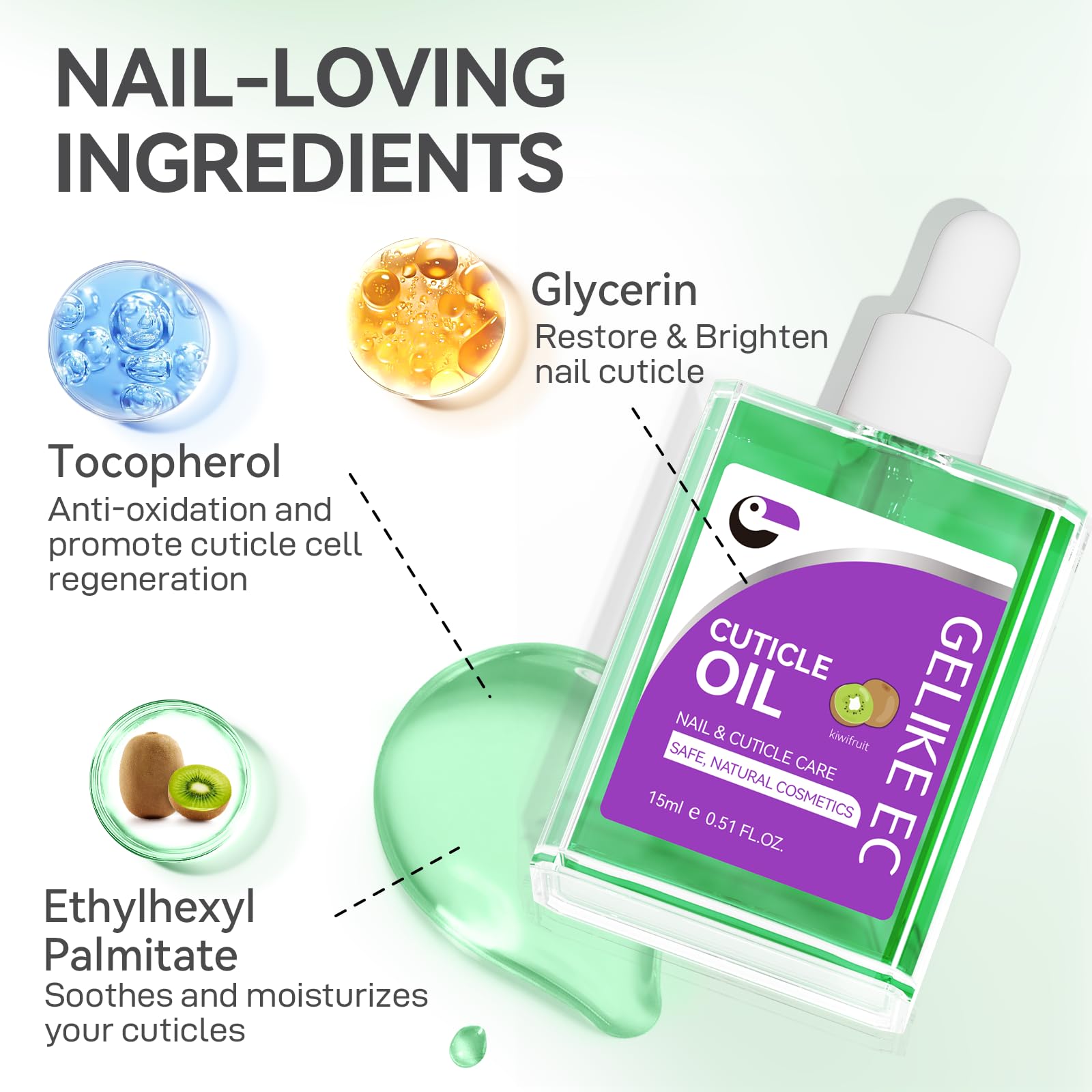 Gelike EC Nail Cuticle Oil - Kiwi Scent Organic Nail Moisturizing With Natural Jojoba Vitamin B & E for Nail Bed ＆ Damaged Nails Repair Treatment- Cuticle Cream for Nail Growth and Strength(15ml)