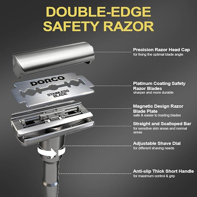 Travel Double Edge Safety Razor, Classic Safety Shaver Razor with Long Handle Adjustable (Razor with Beard Shaping Tool and Hot Compress Shaving Towel)