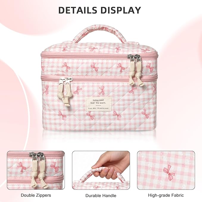 Gosect Makeup Bag, Portable Travel Make up Bag, Large Capacity Quilted Cosmetic Organizer Bag, Cute Floral Toiletry Bag for Women Girls (Pink Bow)