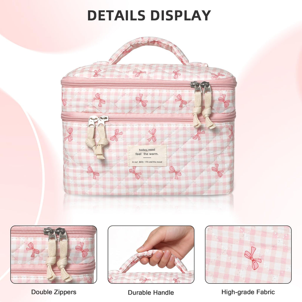 Gosect Makeup Bag, Portable Travel Make up Bag, Large Capacity Quilted Cosmetic Organizer Bag, Cute Floral Toiletry Bag for Women Girls (Pink Bow)