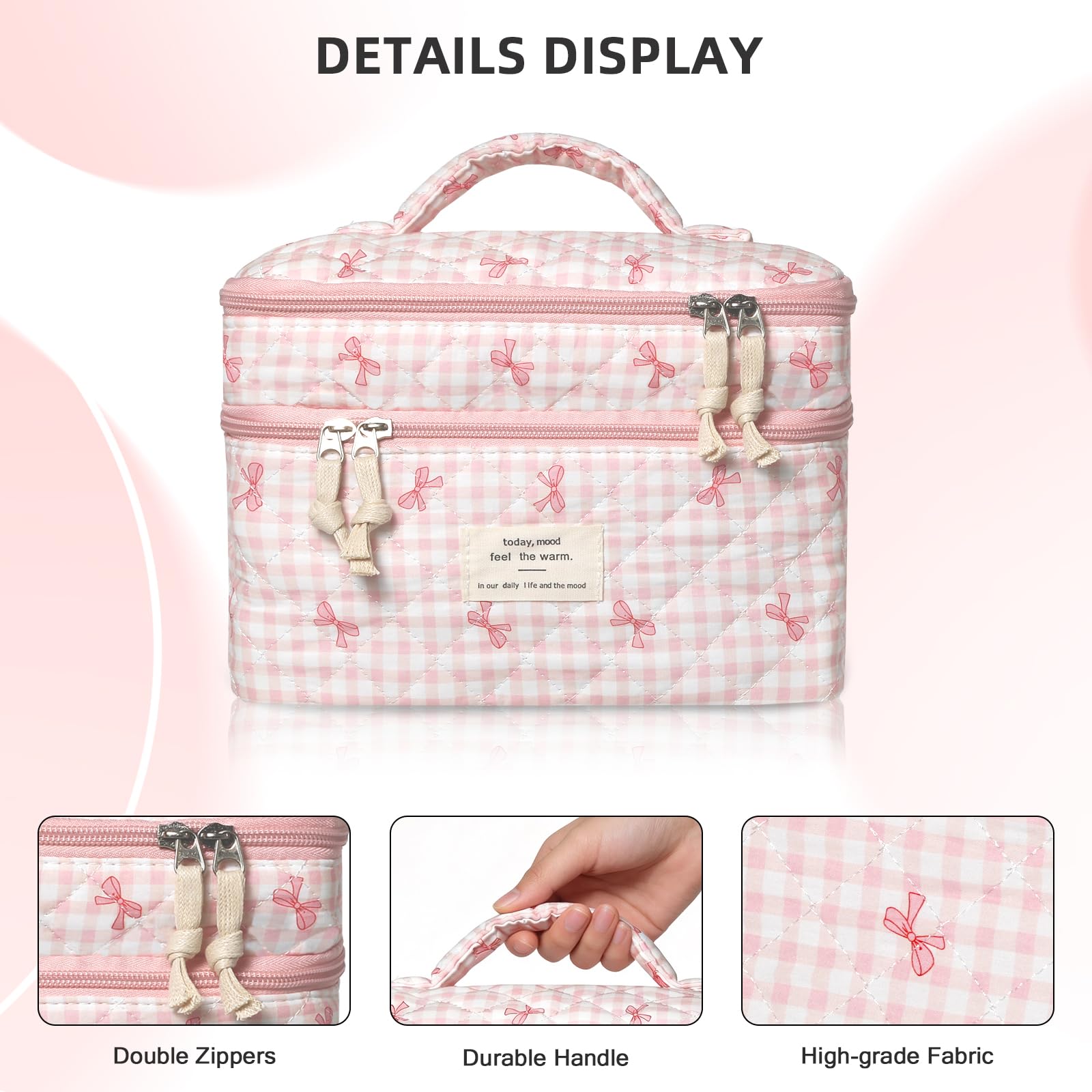 Gosect Makeup Bag, Portable Travel Make up Bag, Large Capacity Quilted Cosmetic Organizer Bag, Cute Floral Toiletry Bag for Women Girls (Pink Bow)