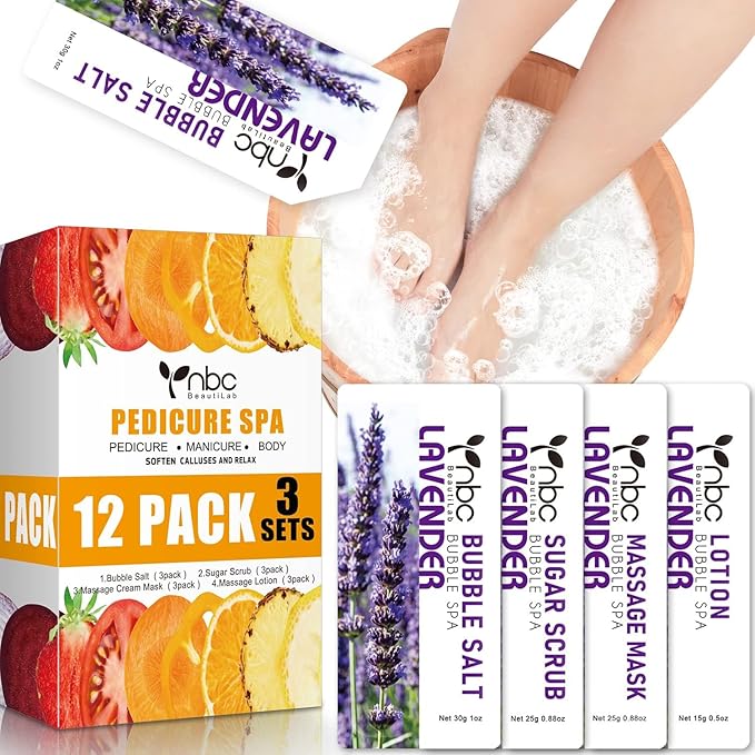 nbc BeautiLab Pedicure Kit Foot Soak Set: Bubble Salt, Sugar Scrub, Massage Mask, Massage Lotion in a Box, 4 Step Foot Spa Kit for Dry Feet, Softens Calluses, Tired Feet（3 Set Lavender)