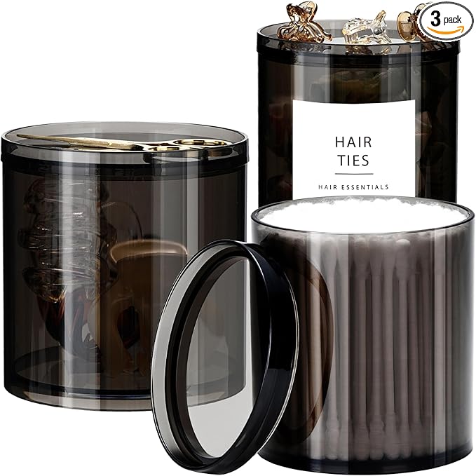SheeChung 3-Pack Stackable Black Qtip Holder Set - (10/12/20oz) Mixed Sizes Apothecary Jars with Storage Lids - Modern Bathroom Vanity Organizer for Cotton Swabs, Balls, Pads - Translucent Black