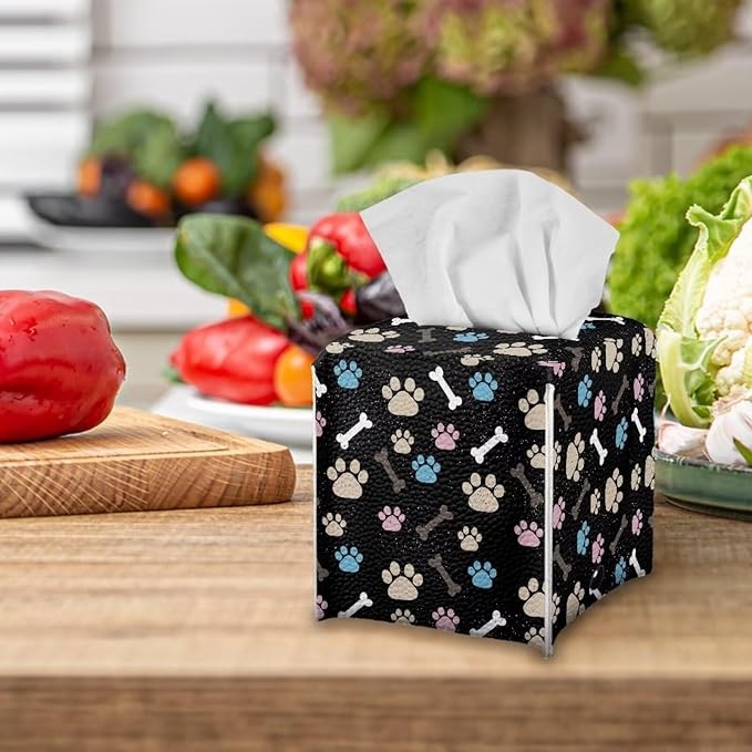 White Dog Paws Tissue Box Holder Portable Lightweight Square Tissue Box Cover Holder with Metal Button Waterproof Napkin Case for Home Office Car Automotive Decor