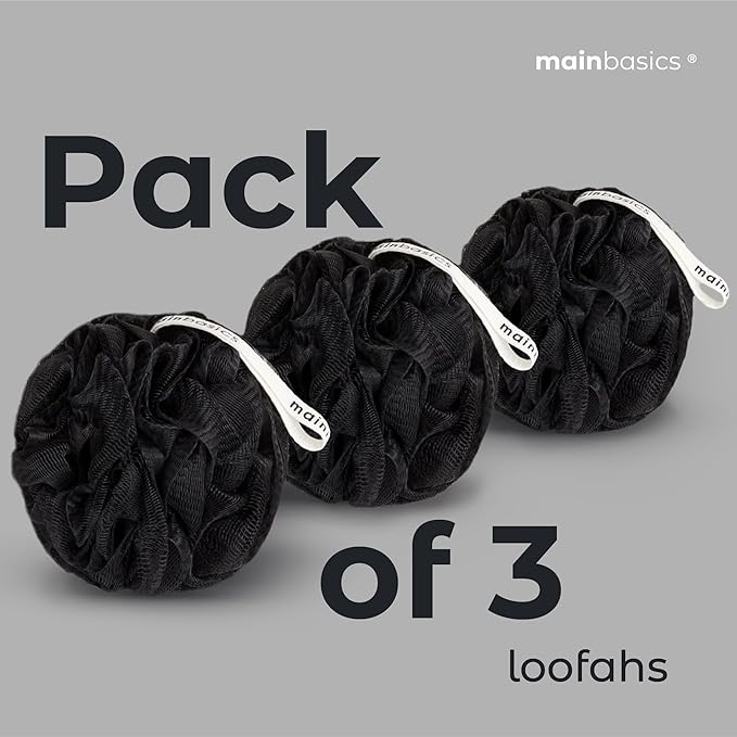 MainBasics Shower Loofah Sponge Pouf, Set of 3, Triple Black