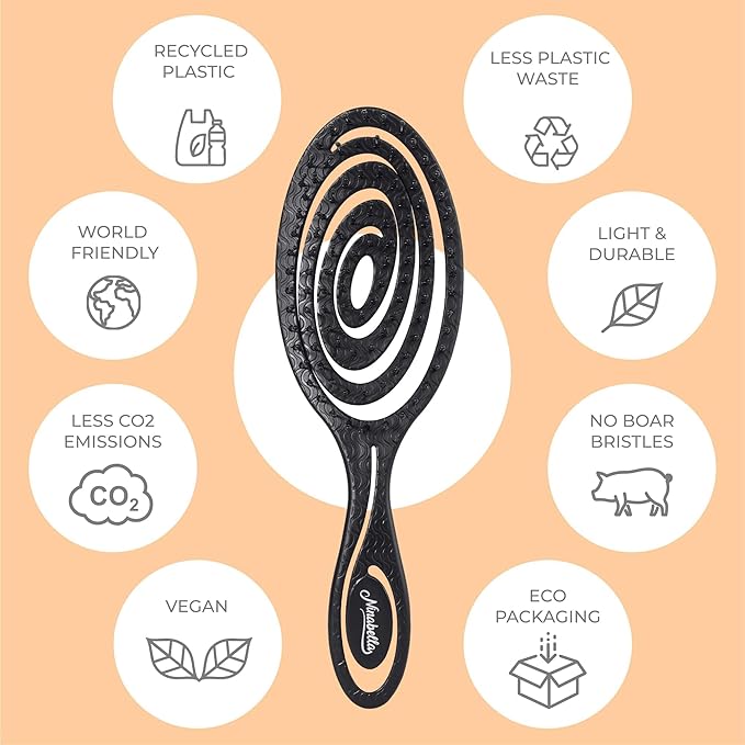 Ninabella Mini Spiral Brush - Hair Brush Detangler for Women - Pro Shower for Curly or Thick Hair - Small Travel Detangling Vent Hairbrushes -Black