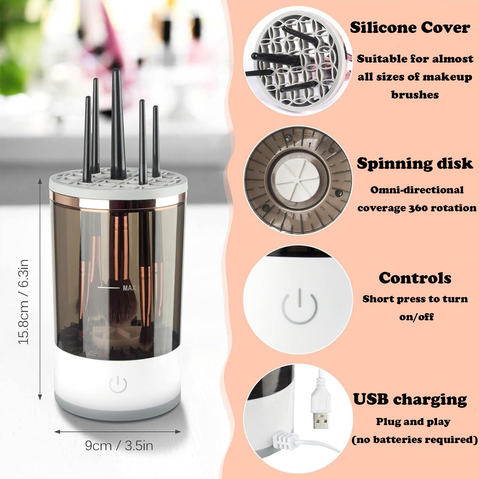 Electric Makeup Brush Cleaner Efficient Deep Cleaning and Drying of Mmake-Up Brushes Portable Automatic USB Cosmetic Brushes Cleaner Tool for All Size Beauty Makeup Brush Set(Grey)