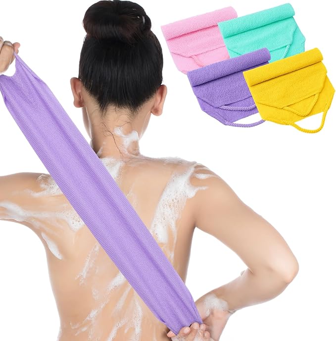 DOPENSPI 4PCS Exfoliating Back Scrubber with Handles, Nylon Double-Sided Exfoliator Extended Length Stretchable Body Exfoliating Washcloth Pull Strap Back Washer for Women Men(B)