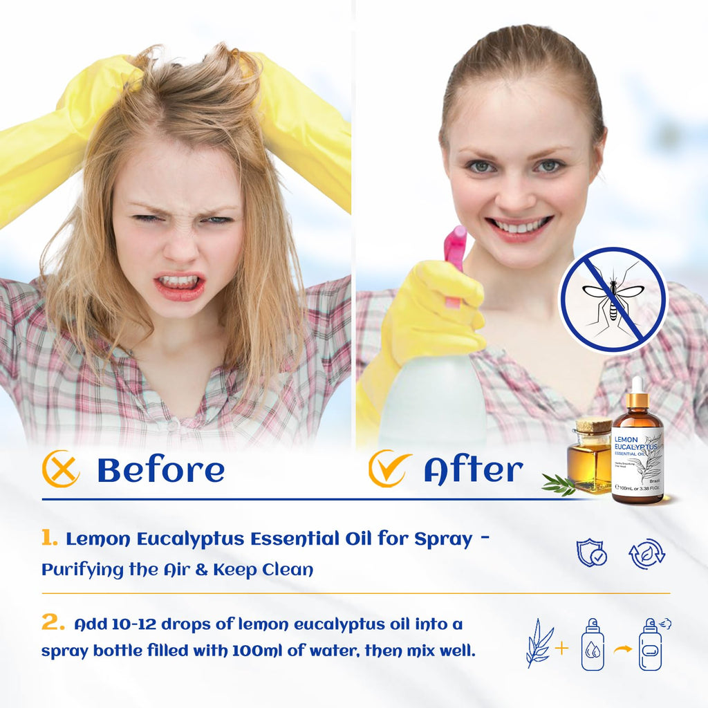 HIQILI Lemon Eucalyptus Essential Oil for Spray, Aromatherapy & Skin Care