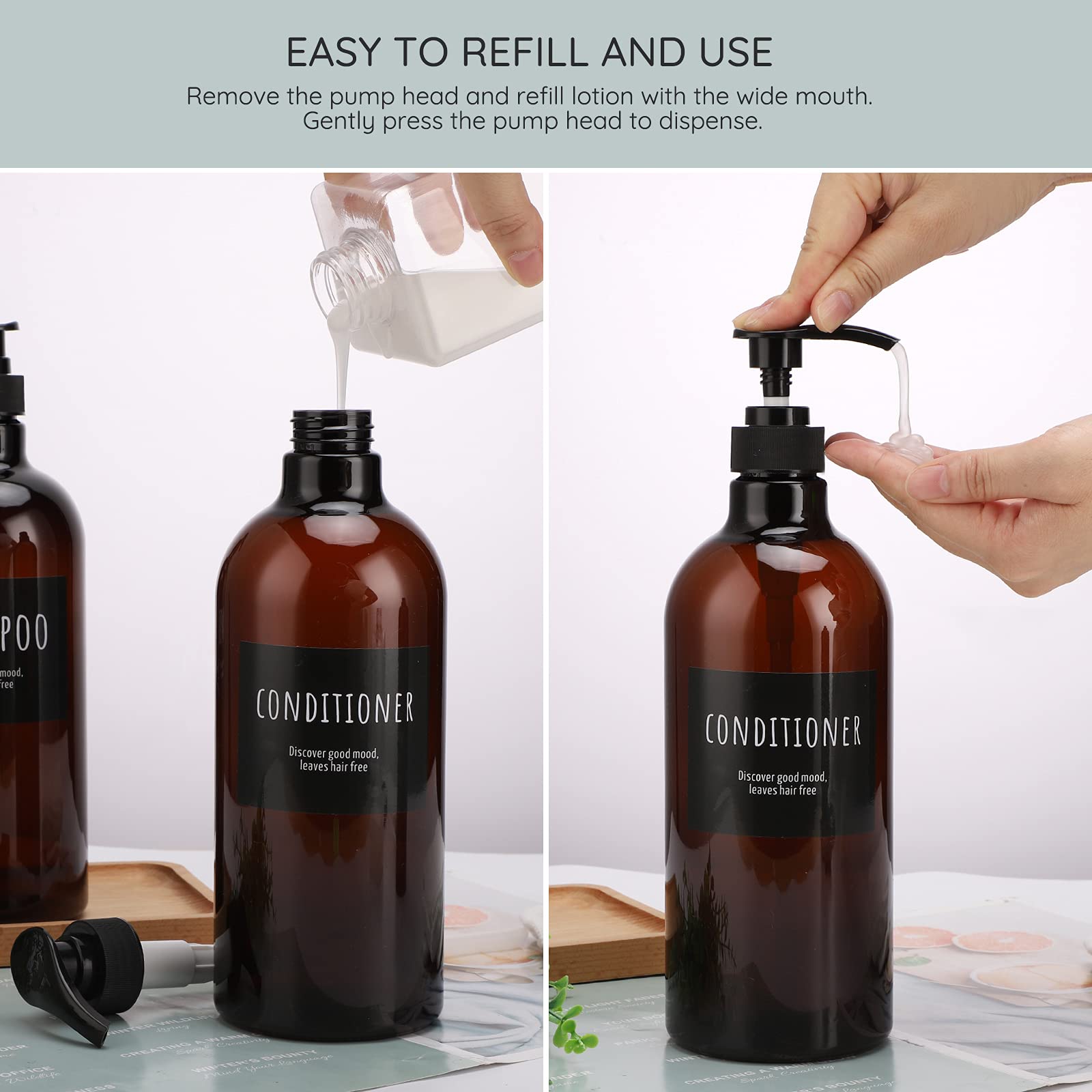 Empty Plastic Bottles with Labels, Segbeauty 33.8oz Large Brown Shampoo Conditioner Reusable Dispenser, 2 Packs of 1000ml Refillable Shower Lotion Pump Press Bottles for Bathroom Hand Soap Body Wash