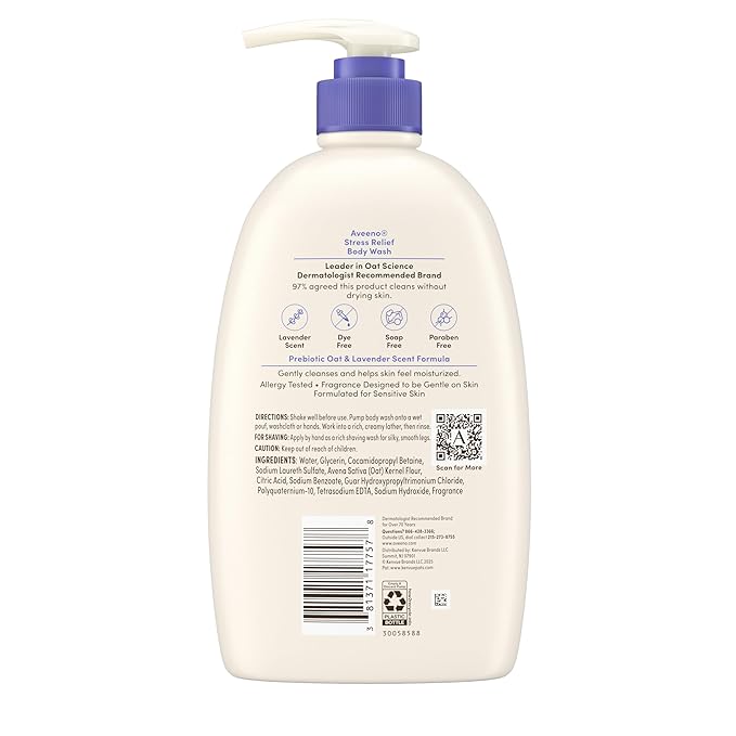 Aveeno Stress Relief Body Wash, Lavender Scent with Nourishing Prebiotic Oat, Sensitive Skin Body Wash for Normal to Dry Skin, Paraben-, Dye-, and Soap-Free, Value Size 33 Fl Oz