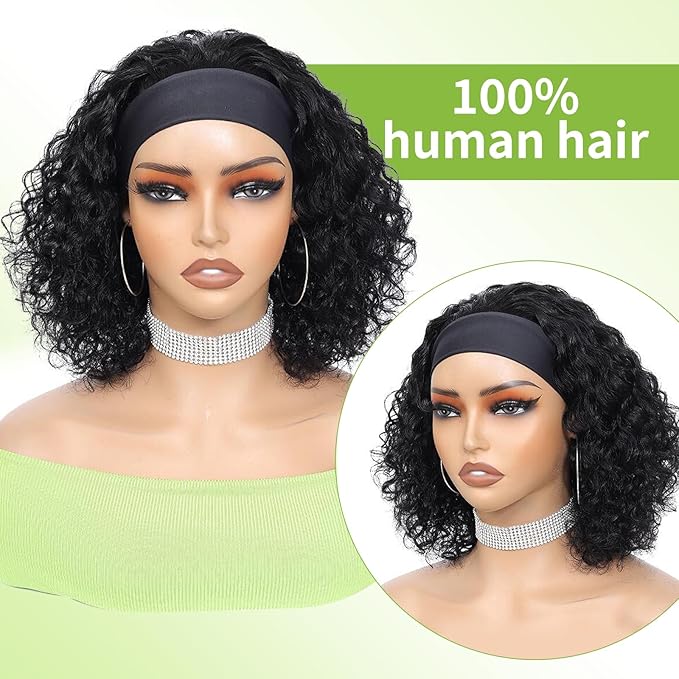 Headband Wig Human Hair Wigs for Black Women Curly Human Hair Wig Put on and Go Glueless Wig 12inch Headband Wigs Human Hair
