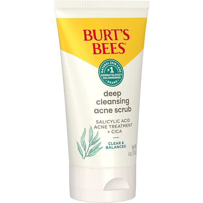 Burt’s Bees Clear and Balanced Deep Cleansing Acne Scrub, Salicylic Acid Acne Treatment with Cica, Facial Cream Exfoliator Helps Unclog Pores and Reduce Acne, 4 Oz