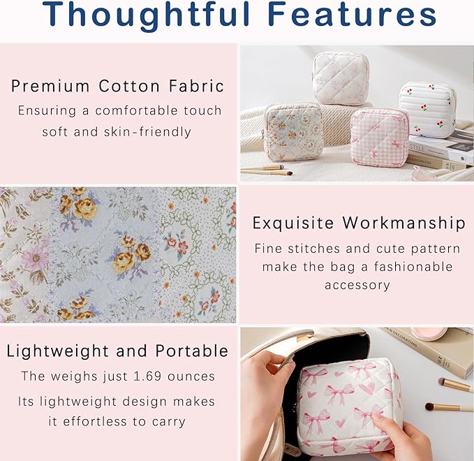 RSRSLEII Small Quilted Cosmetic Pouch for Purse, Mini Cotton Makeup Bag with Compartments, Cute Zipper Lipstick Holder for Women (14Mixed Flowers)