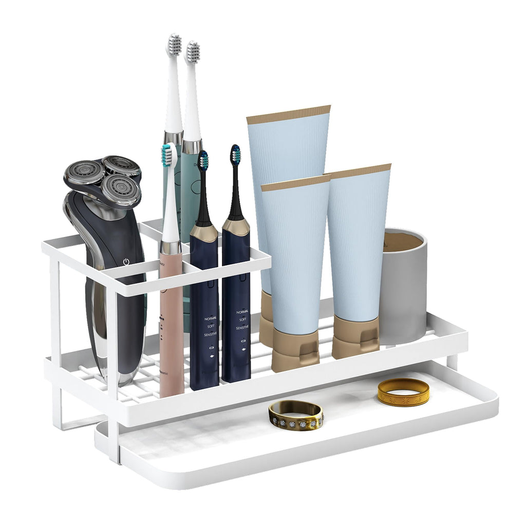 Toothbrush Holders for Bathroom,Carbon Steel Bathroom Organizer Countertopr for Electric Toothbrush,Toothpaste and Razors-Which is Perfect for Countertop Storage,Shower,Sink (White)