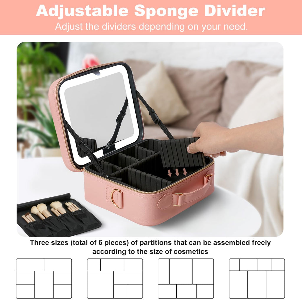 Mocado Travel Makeup Bag with LED Lighted Mirror, Travel Makeup Organizer, Makeup Case with 8 Makeup Brushes and 10x Magnifying Mirror, 3 Color Lighting, Adjustable Divider Makeup Box(Pink Lozenge)