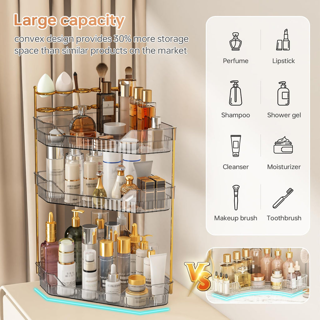 ZZWILLB Corner Bathroom Counter Organizer with Makeup Brush Holder & Toothbrush Holders, Makeup Organizer for Vanity Countertop, Acrylic Skincare Storage Shelf (Grey, 3-Tier)