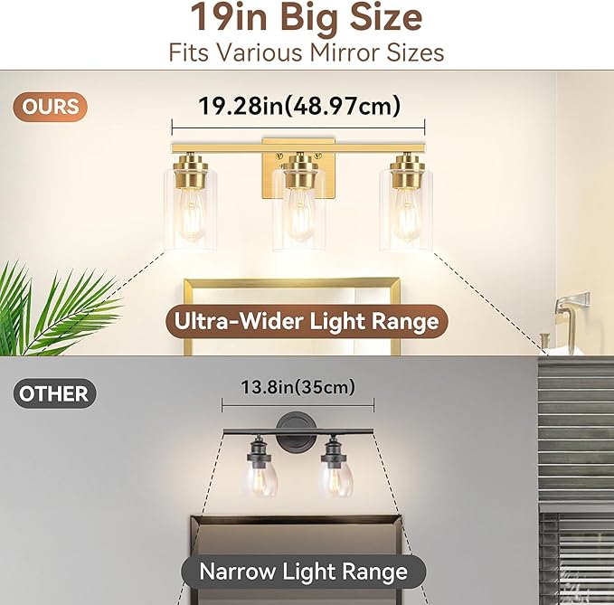 VerRon 19" Gold Modern Vanity Lights Over Mirror with Clear Glass Shades