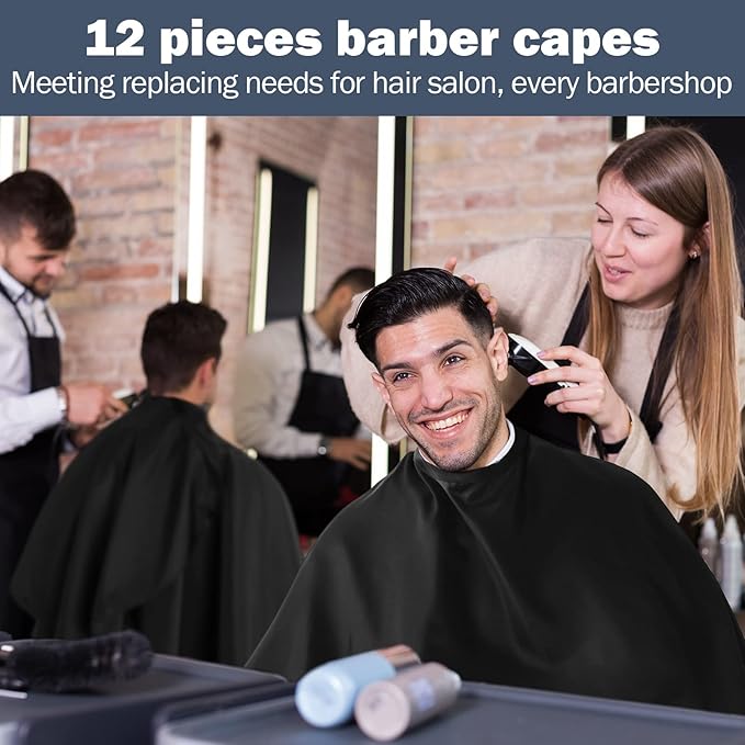 12Pcs Barber Cape 64 x 56'' Large Waterproof Hair Cutting Salon Cape Adjustable Snaps for Hair Dye Salon Stylist Supplies (Black)