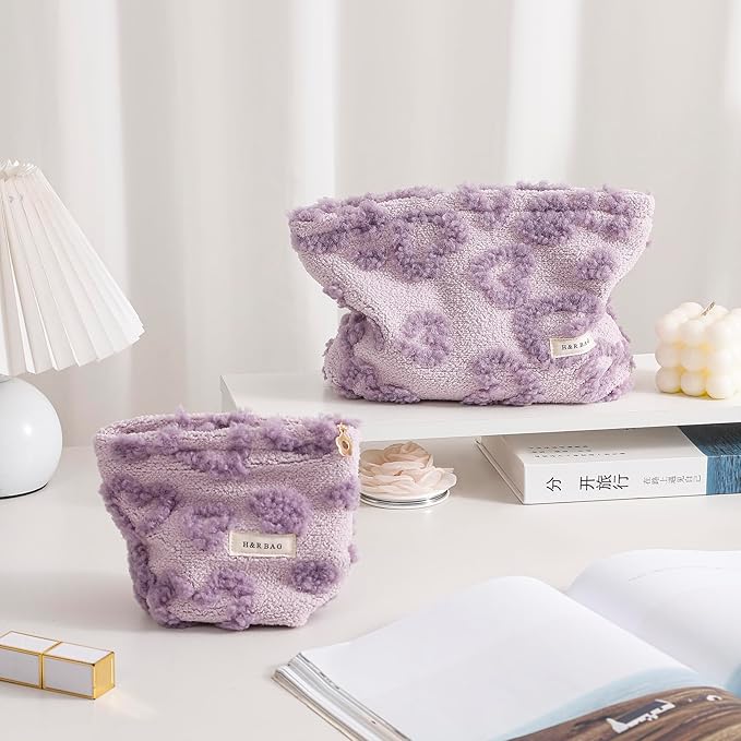 getgto 2 Pcs Makeup Bags, Large Cosmetic Bag Travel Toiletry Bag Organizer for Women, Plush Makeup Bag Small Cosmetic Pouch Purse with Zipper Gifts for Girls Teen