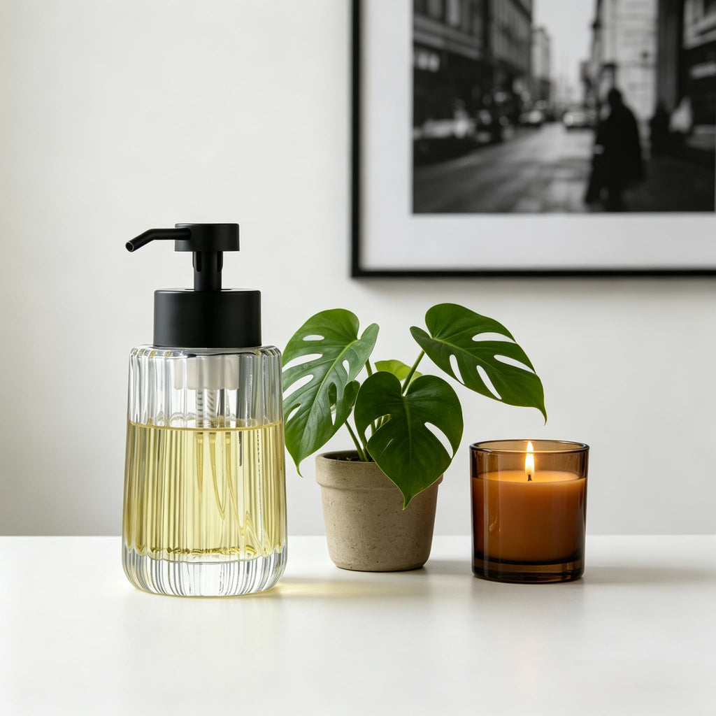 Easy Tang Glass Foaming Soap Dispenser with Black Pump, 12 OZ Vintage-Inspired Modern Glass Refillable Bottle, Hand Soap for Bathroom Countertop and Kitchen