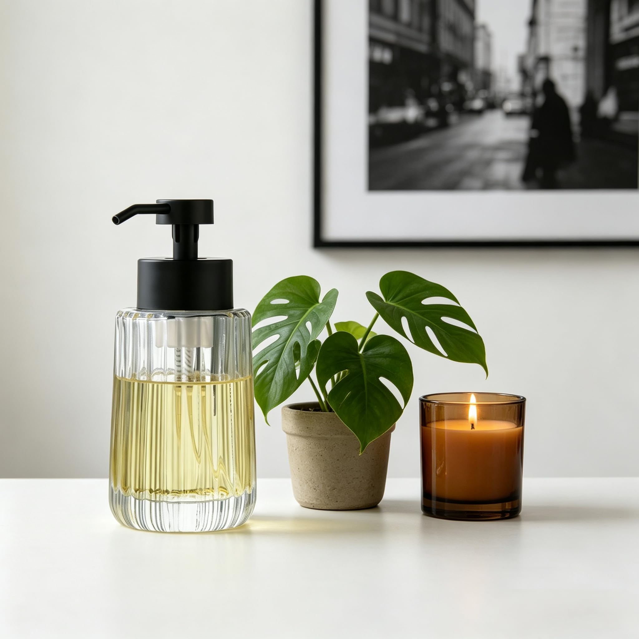 Easy Tang Glass Foaming Soap Dispenser with Black Pump, 12 OZ Vintage-Inspired Modern Glass Refillable Bottle, Hand Soap for Bathroom Countertop and Kitchen