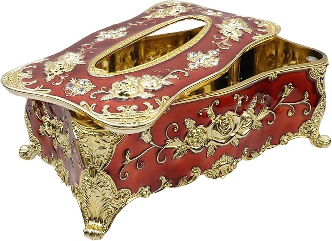9.45"x5.43"x3.94" Luxurious Rose Tissue Box with Imitation Diamonds, Embossed Flowers, Elegant Tissue Paper Holders for Home Toilet Bath Hotel,Gold-Red