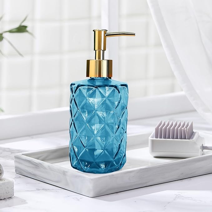 Blue Glass Soap Dispenser, Bathroom Shower & Shampoo Dispenser, Foam Hand Soap Dispenser with Gold Pump,11Oz/330ml Refillable Kitchen Dish Soap Bottle for Home Hotel