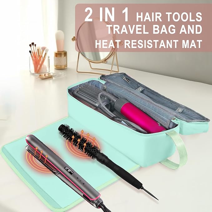 FAMOPLAY Hair Tools Travel Bag with Heat Resistant Mat Hair Styling Accessories Storage Case for Hair Dryer Flat Iron Straightener Curling Iron Haircare Accessories Travel Essentials for Women
