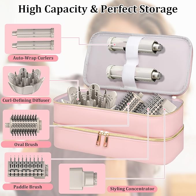 Sambois Travel Carrying Case for Shark Flex Style, Double Layer Storage Case for Shark SpeedStyle Hair Dryer Attachments, Waterproof PU Leather Organizer Bag for Shark Flexstyle Airwrap Styler (Pink)