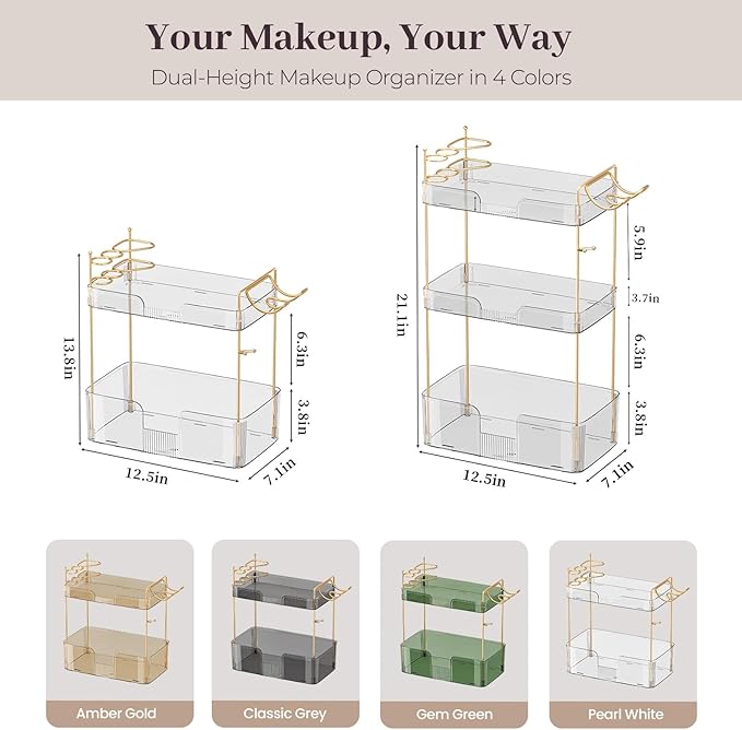 Aveniee Bathroom Counter Organizer Countertop, 3 Tier Makeup Perfume Storage with Hair Dryer Rack and Toothbrush Holder, Cosmetic Tray for Vanity - Clear