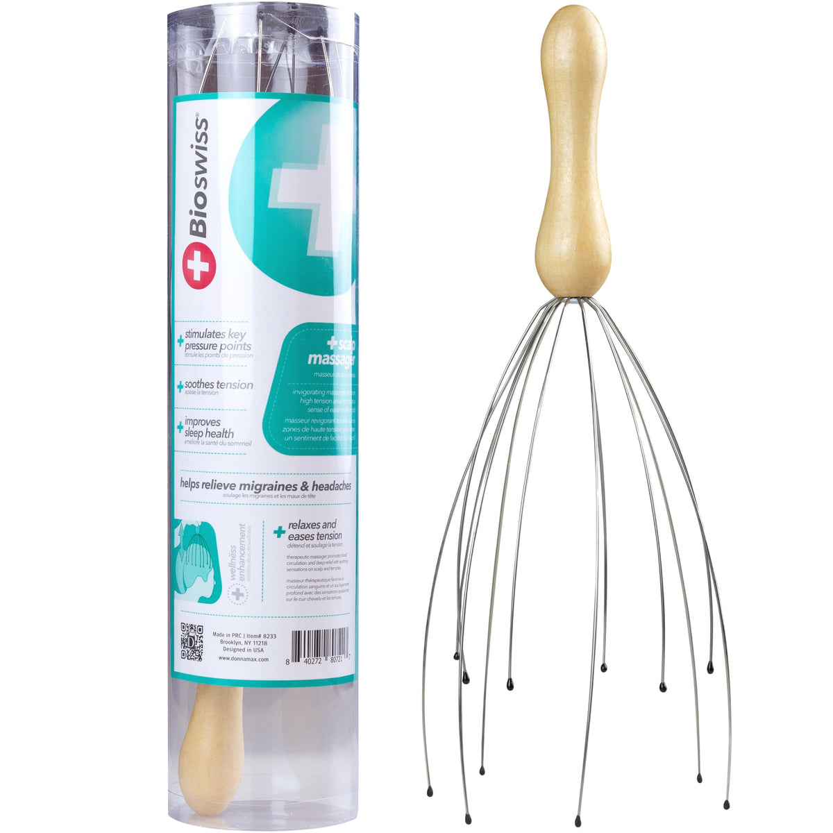 BioSwiss Head Massager, Handheld Scalp and Temple Tingler and Scratcher, Relaxing Hair and Head Stimulation Tool