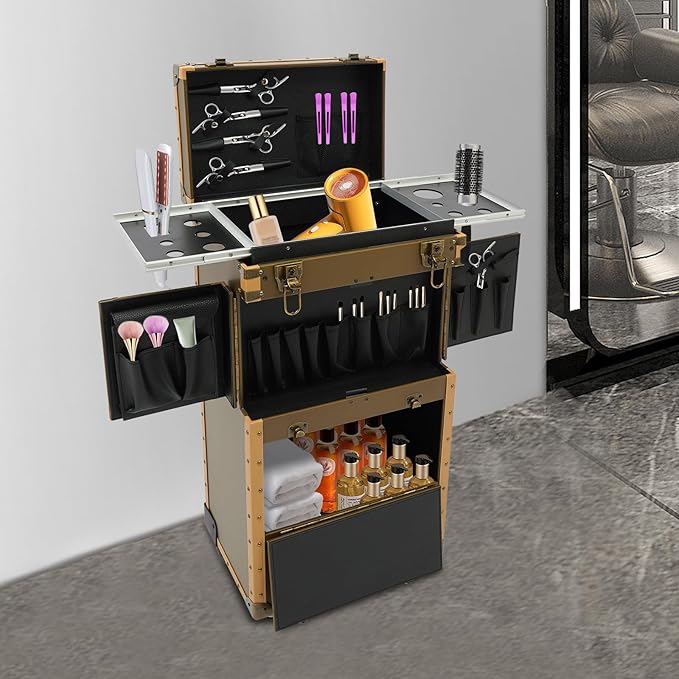 QUEWATSA Rolling Makeup Case Large Storage Cosmetic Trolley, Rolling Lockable Makeup Train Case, Stylist Beauty Salon Cosmetic Luggage Travel Organizer Tool Box with Hair Dryer Holder (Gold)