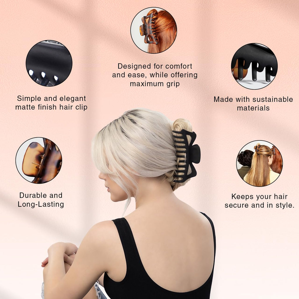Kitsch 5 Inch Large Claw Clips for Thick and Long Hair | Strong Grip Jumbo Claw Clip for All-Day Hold | 2pcs Matte Oversized Hair Accessories - Black & Tortoise Design